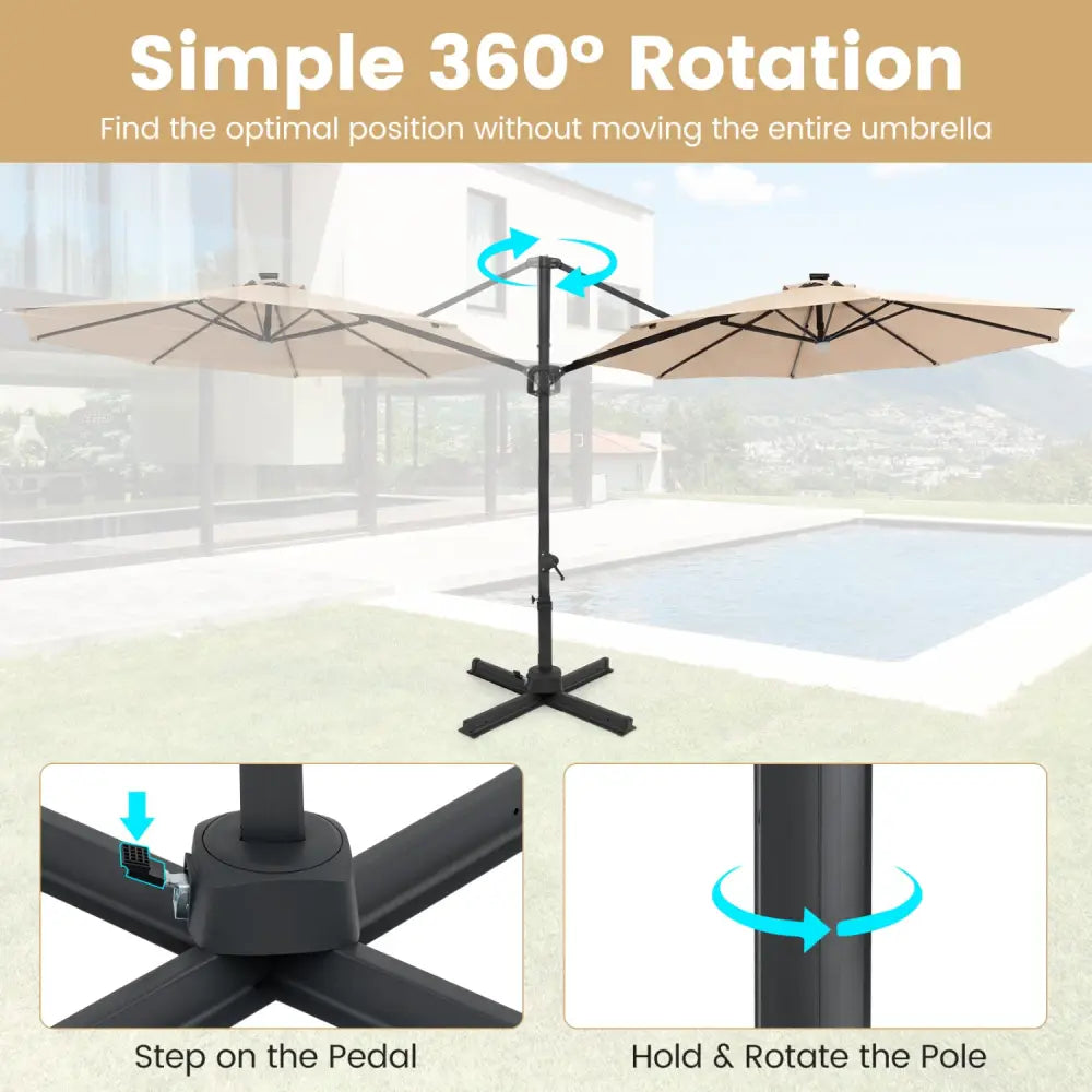 10 FT Cantilever Patio Umbrella with Solar LED Lights 360° Rotation-Beige - Beige - Outdoor Umbrellas