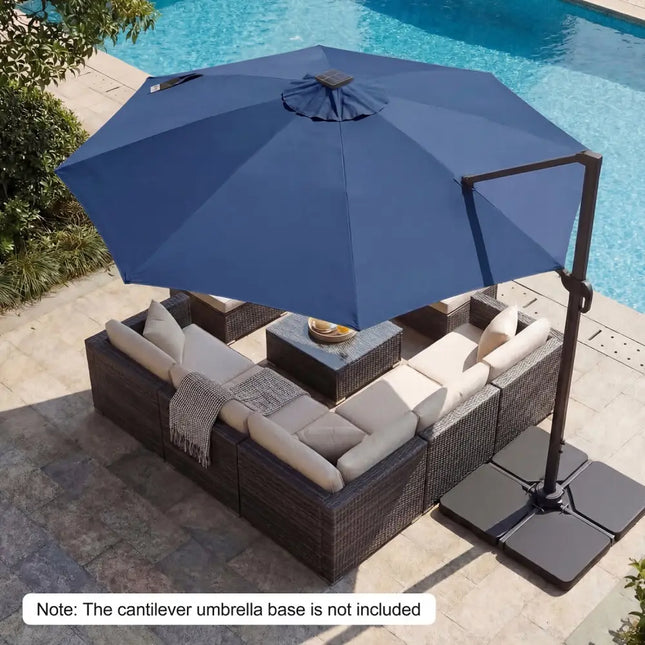 10 FT Cantilever Patio Umbrella with Solar LED Lights 360° Rotation-Navy - Navy - Outdoor Umbrellas