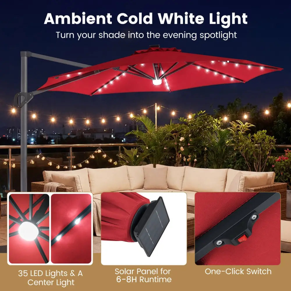 10 FT Cantilever Patio Umbrella with Solar LED Lights 360° Rotation-Wine - Wine - Outdoor Umbrellas