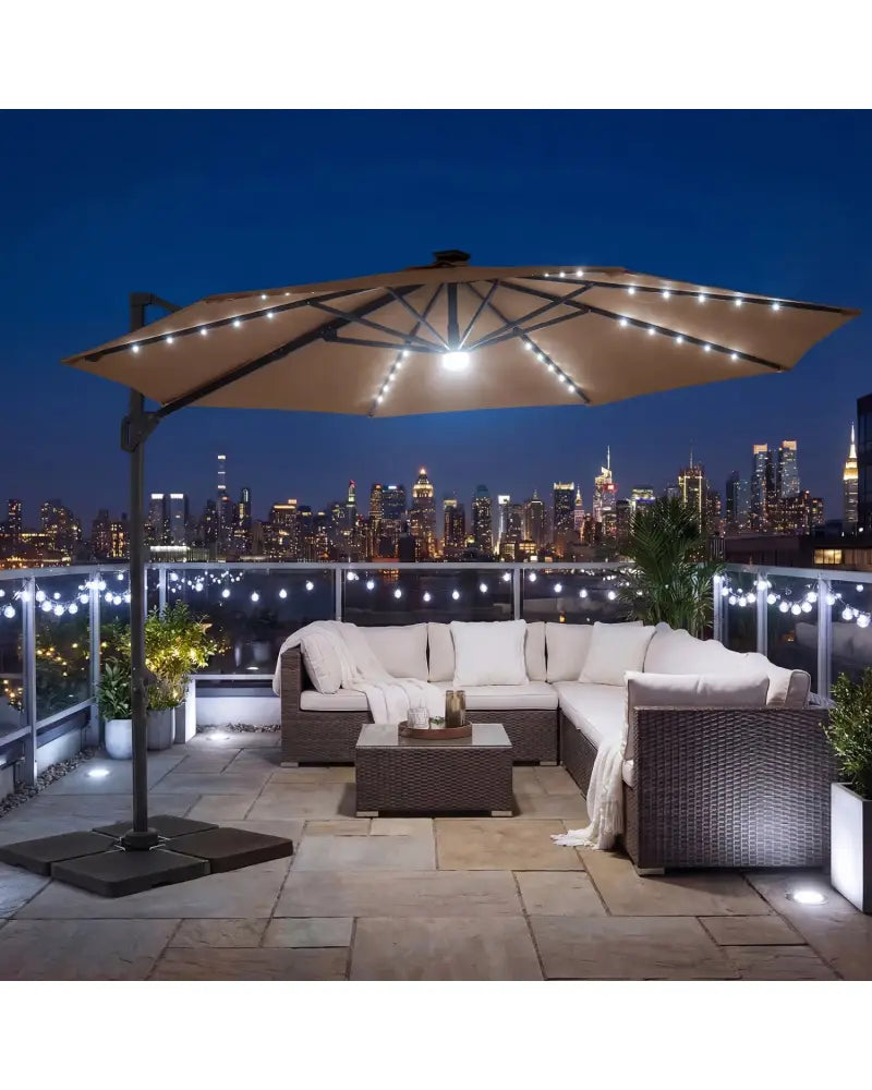 10 FT Cantilever Patio Umbrella with Solar LED Lights 360° Rotation-Brown - Brown - Outdoor Umbrellas