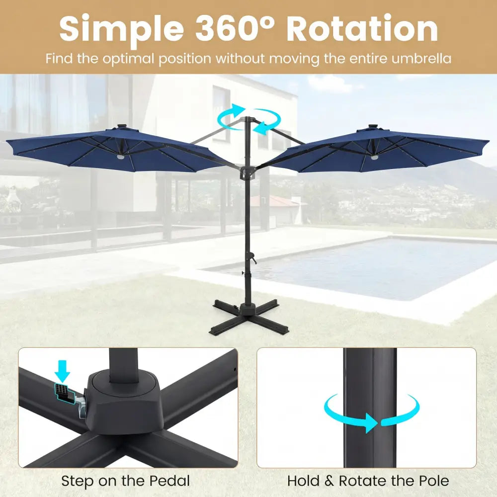 10 FT Cantilever Patio Umbrella with Solar LED Lights 360° Rotation-Navy - Navy - Outdoor Umbrellas