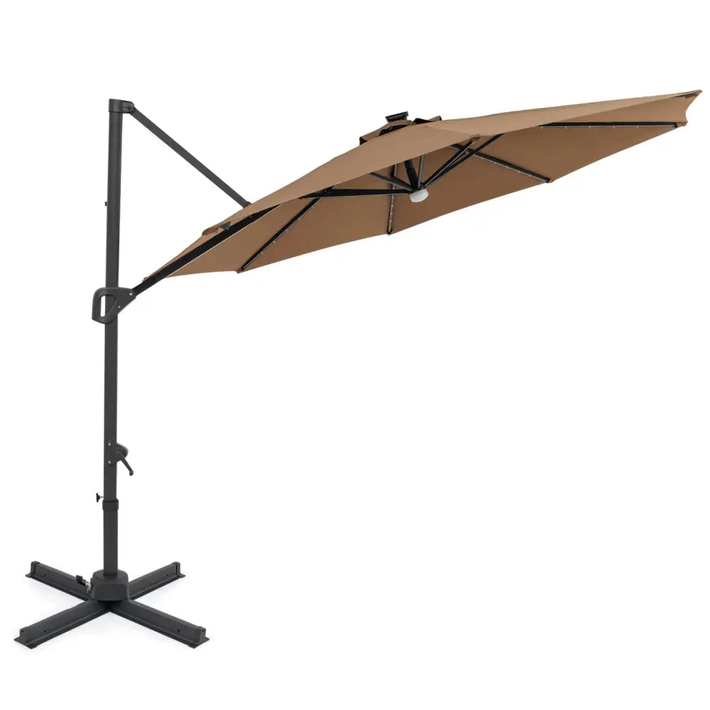 10 FT Cantilever Patio Umbrella with Solar LED Lights 360° Rotation-Brown - Brown - Outdoor Umbrellas