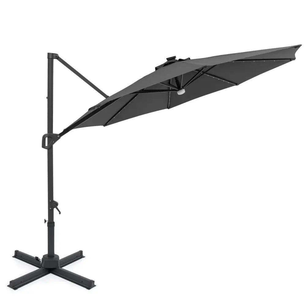 10 FT Cantilever Patio Umbrella with Solar LED Lights 360° Rotation-Gray - Gray - Outdoor Umbrellas