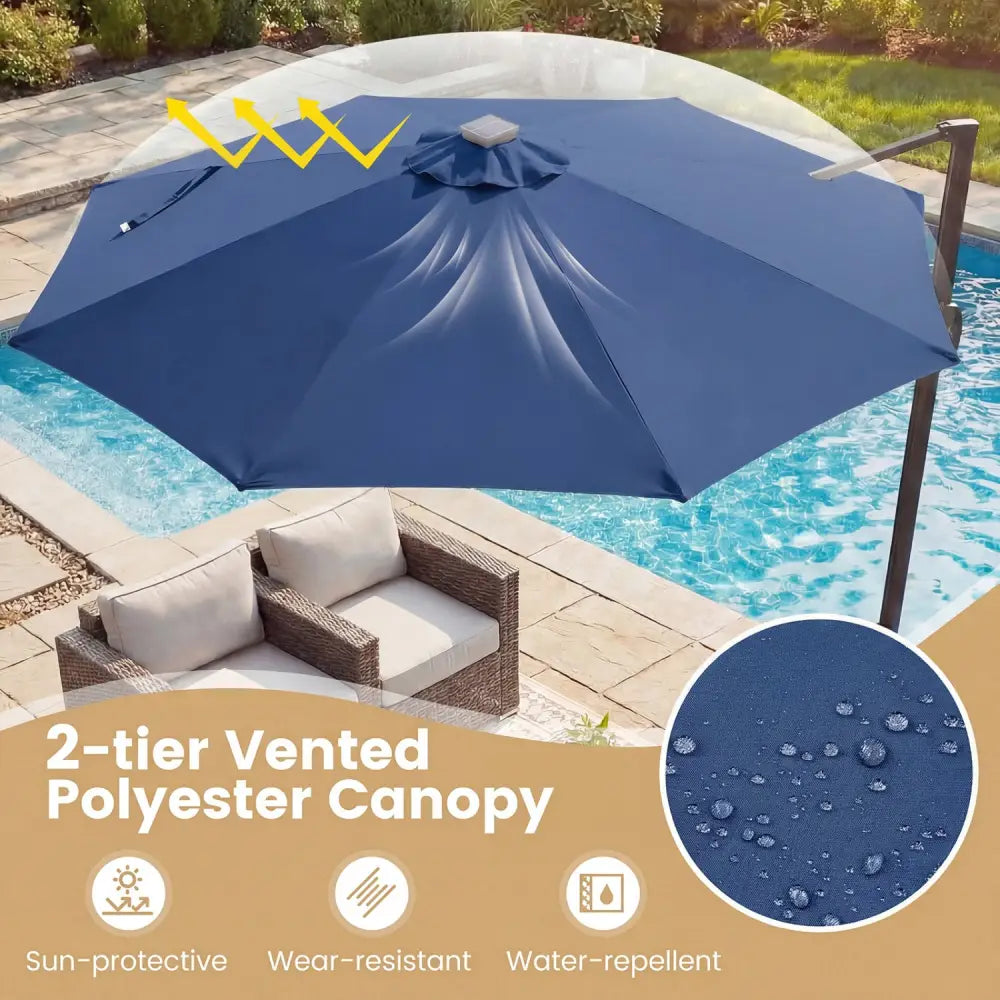 10 FT Cantilever Patio Umbrella with Solar LED Lights 360° Rotation-Navy - Navy - Outdoor Umbrellas