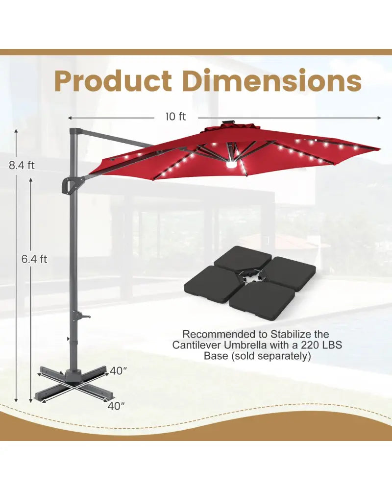 10 FT Cantilever Patio Umbrella with Solar LED Lights 360° Rotation-Wine - Wine - Outdoor Umbrellas