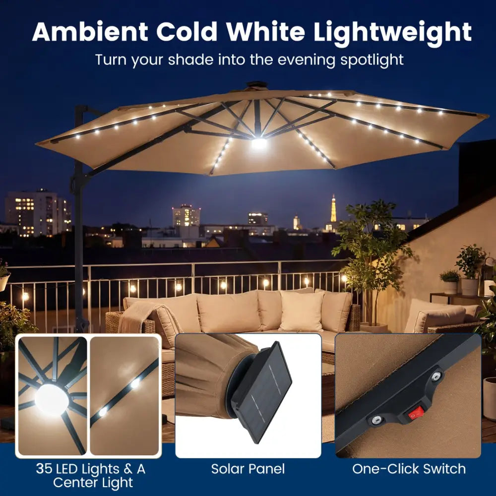 10 FT Cantilever Patio Umbrella with Solar LED Lights 360° Rotation-Brown - Brown - Outdoor Umbrellas