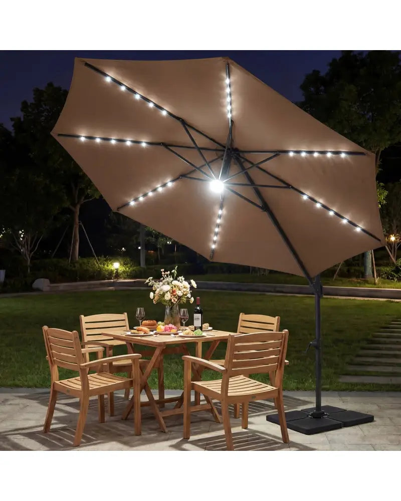10 FT Cantilever Patio Umbrella with Solar LED Lights 360° Rotation-Brown - Brown - Outdoor Umbrellas