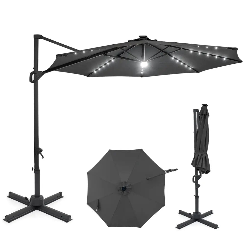 10 FT Cantilever Patio Umbrella with Solar LED Lights 360° Rotation-Gray - Gray - Outdoor Umbrellas