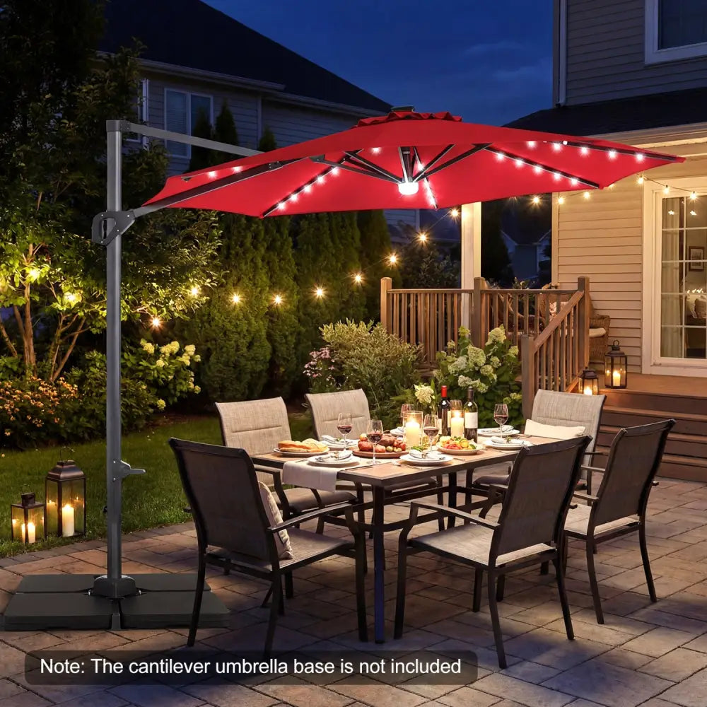 10 FT Cantilever Patio Umbrella with Solar LED Lights 360° Rotation-Wine - Wine - Outdoor Umbrellas