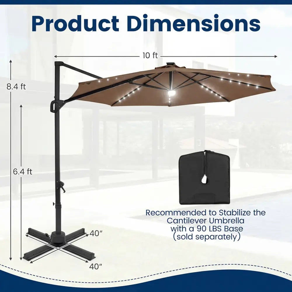 10 FT Cantilever Patio Umbrella with Solar LED Lights 360° Rotation-Brown - Brown - Outdoor Umbrellas