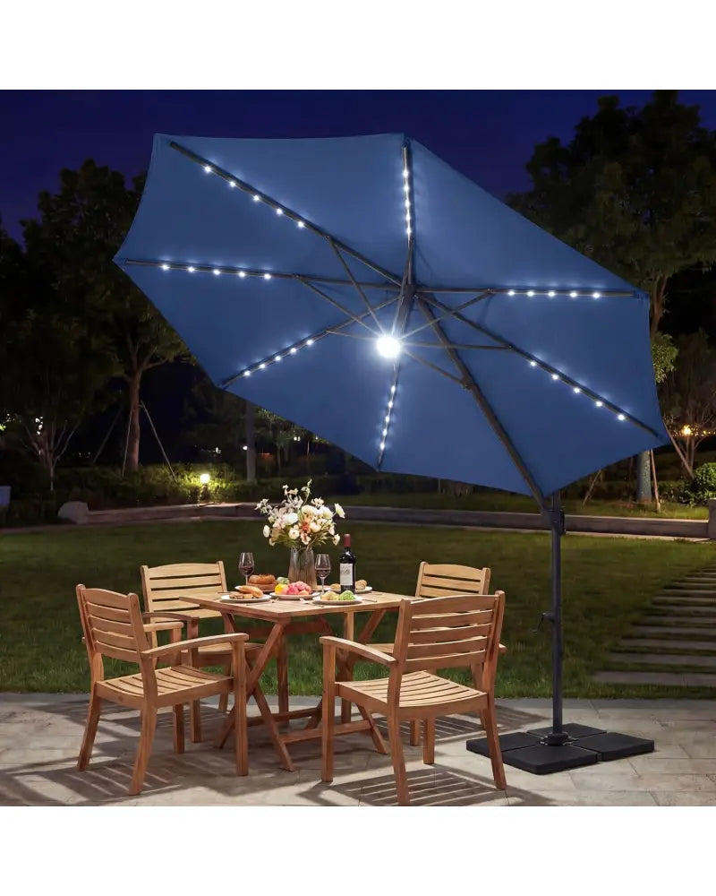 10 FT Cantilever Patio Umbrella with Solar LED Lights 360° Rotation-Navy - Navy - Outdoor Umbrellas