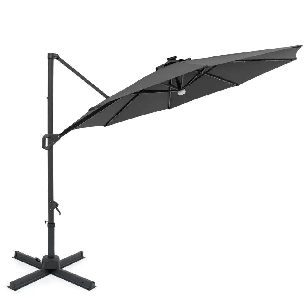 10 FT Cantilever Patio Umbrella with Solar LED Lights 360° Rotation-Gray - Gray - Outdoor Umbrellas