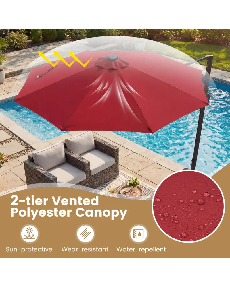 10 FT Cantilever Patio Umbrella with Solar LED Lights 360° Rotation-Wine - Wine - Outdoor Umbrellas