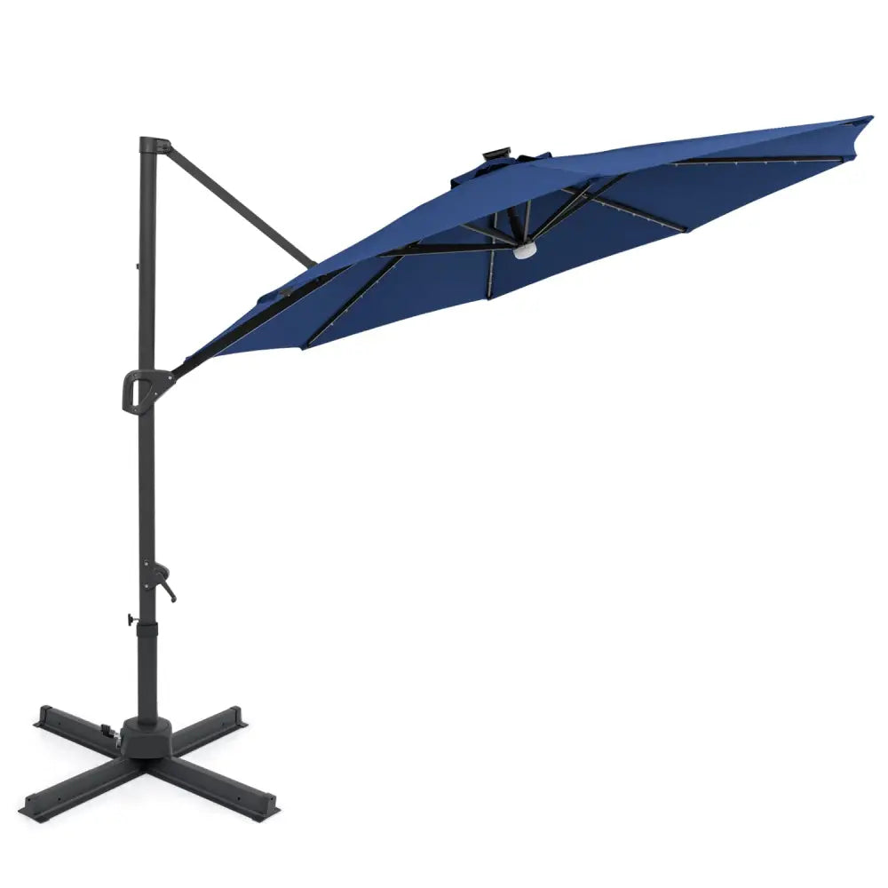 10 FT Cantilever Patio Umbrella with Solar LED Lights 360° Rotation-Navy - Navy - Outdoor Umbrellas
