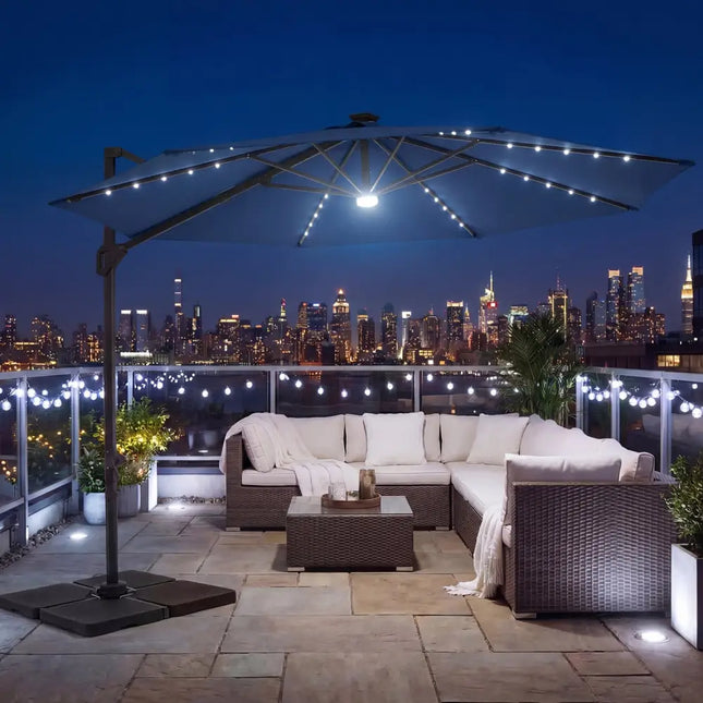 10 FT Cantilever Patio Umbrella with Solar LED Lights 360° Rotation-Navy - Navy - Outdoor Umbrellas