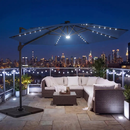 10 FT Cantilever Patio Umbrella with Solar LED Lights 360° Rotation-Navy - Navy - Outdoor Umbrellas