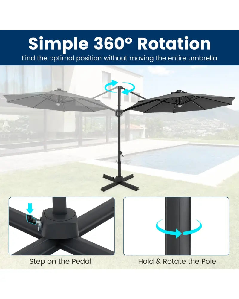 10 FT Cantilever Patio Umbrella with Solar LED Lights 360° Rotation-Gray - Gray - Outdoor Umbrellas