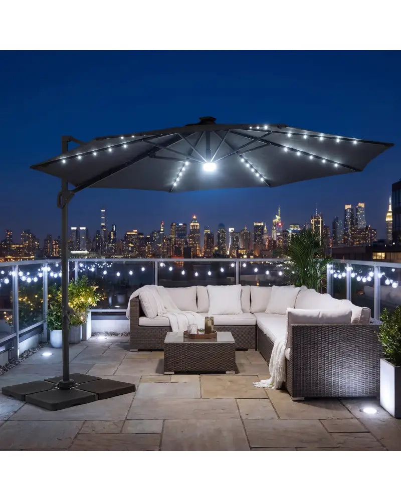 10 FT Cantilever Patio Umbrella with Solar LED Lights 360° Rotation-Gray - Gray - Outdoor Umbrellas