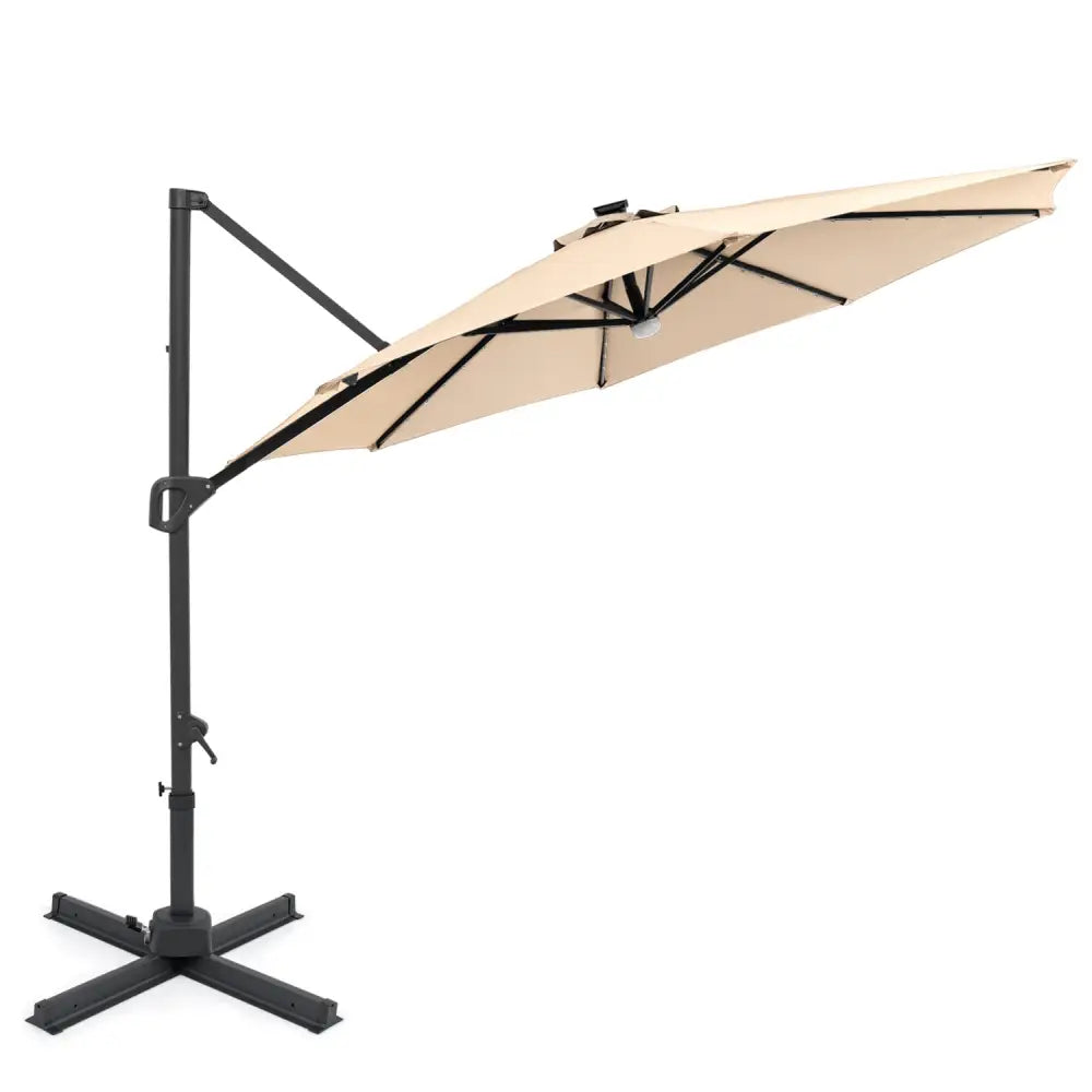 10 FT Cantilever Patio Umbrella with Solar LED Lights 360° Rotation-Beige - Beige - Outdoor Umbrellas