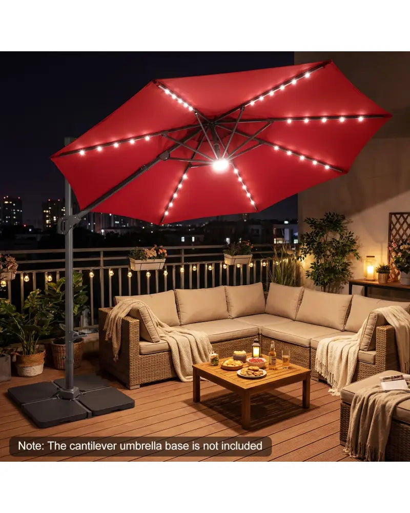10 FT Cantilever Patio Umbrella with Solar LED Lights 360° Rotation-Wine - Wine - Outdoor Umbrellas