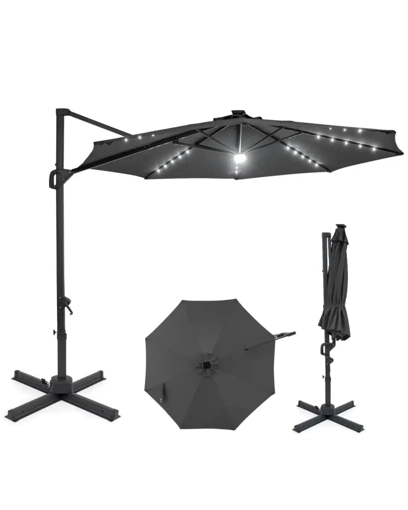 10 FT Cantilever Patio Umbrella with Solar LED Lights 360° Rotation-Gray - Gray - Outdoor Umbrellas