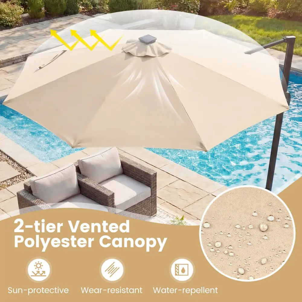 10 FT Cantilever Patio Umbrella with Solar LED Lights 360° Rotation-Beige - Beige - Outdoor Umbrellas