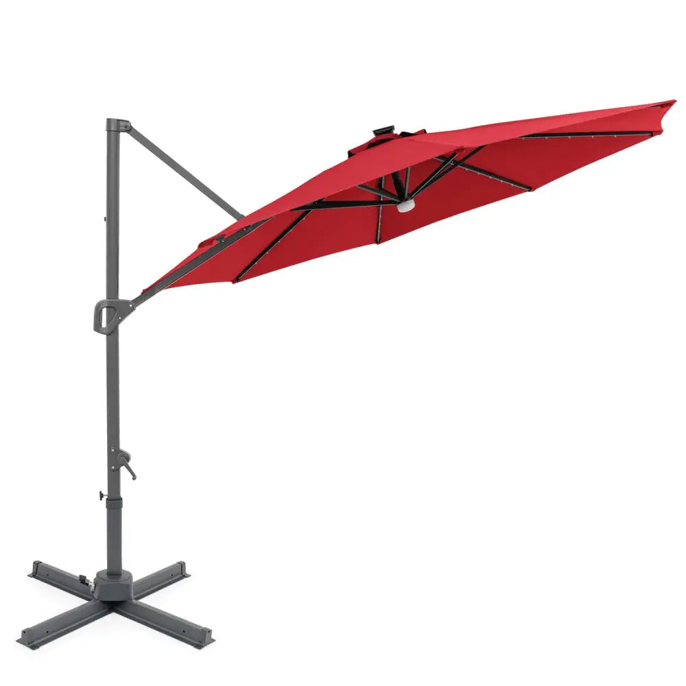 10 FT Cantilever Patio Umbrella with Solar LED Lights 360° Rotation-Wine - Wine - Outdoor Umbrellas