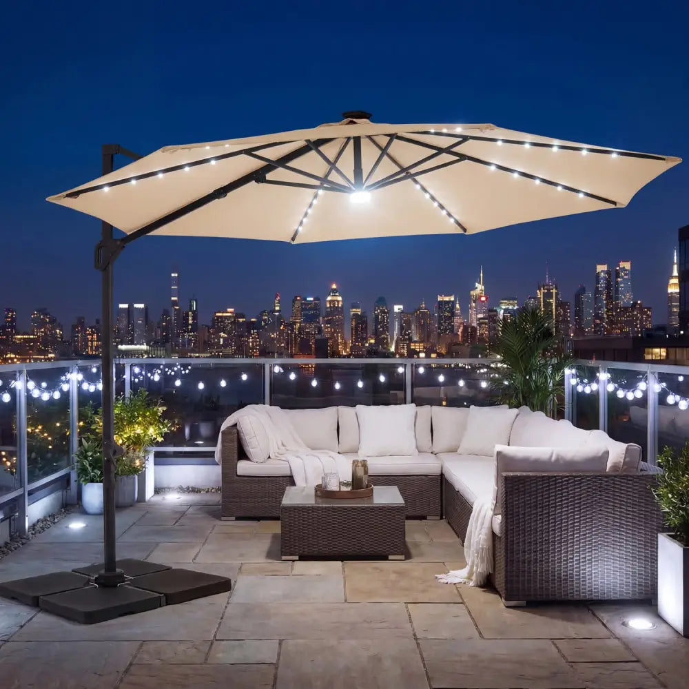 10 FT Cantilever Patio Umbrella with Solar LED Lights 360° Rotation-Beige - Beige - Outdoor Umbrellas