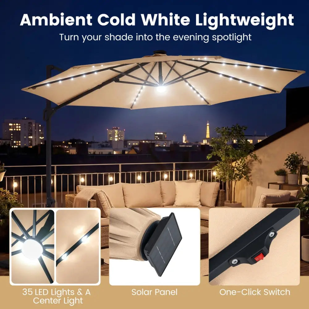 10 FT Cantilever Patio Umbrella with Solar LED Lights 360° Rotation-Beige - Beige - Outdoor Umbrellas