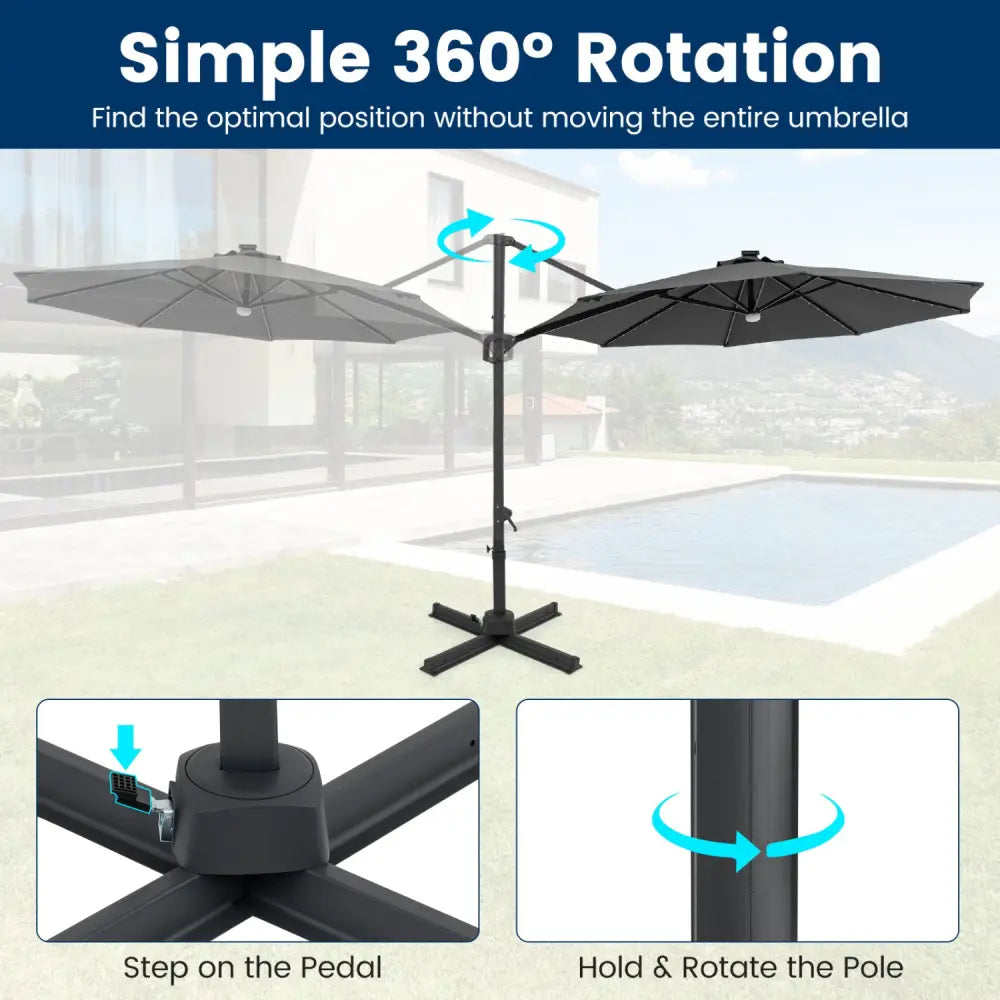 10 FT Cantilever Patio Umbrella with Solar LED Lights 360° Rotation-Gray - Gray - Outdoor Umbrellas