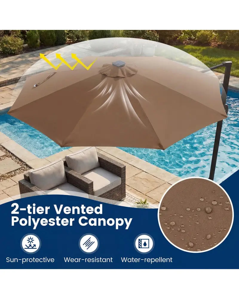 10 FT Cantilever Patio Umbrella with Solar LED Lights 360° Rotation-Brown - Brown - Outdoor Umbrellas