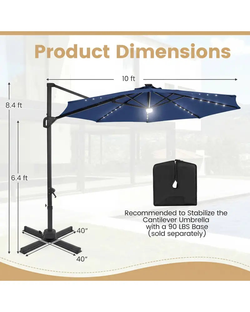 10 FT Cantilever Patio Umbrella with Solar LED Lights 360° Rotation-Navy - Navy - Outdoor Umbrellas