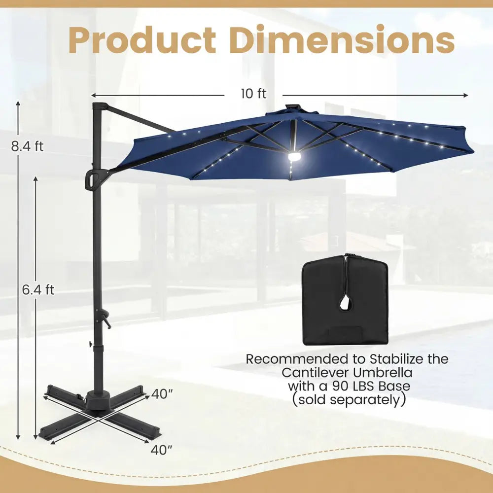 10 FT Cantilever Patio Umbrella with Solar LED Lights 360° Rotation-Navy - Navy - Outdoor Umbrellas