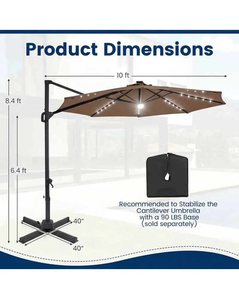 10 FT Cantilever Patio Umbrella with Solar LED Lights 360° Rotation-Brown - Brown - Outdoor Umbrellas