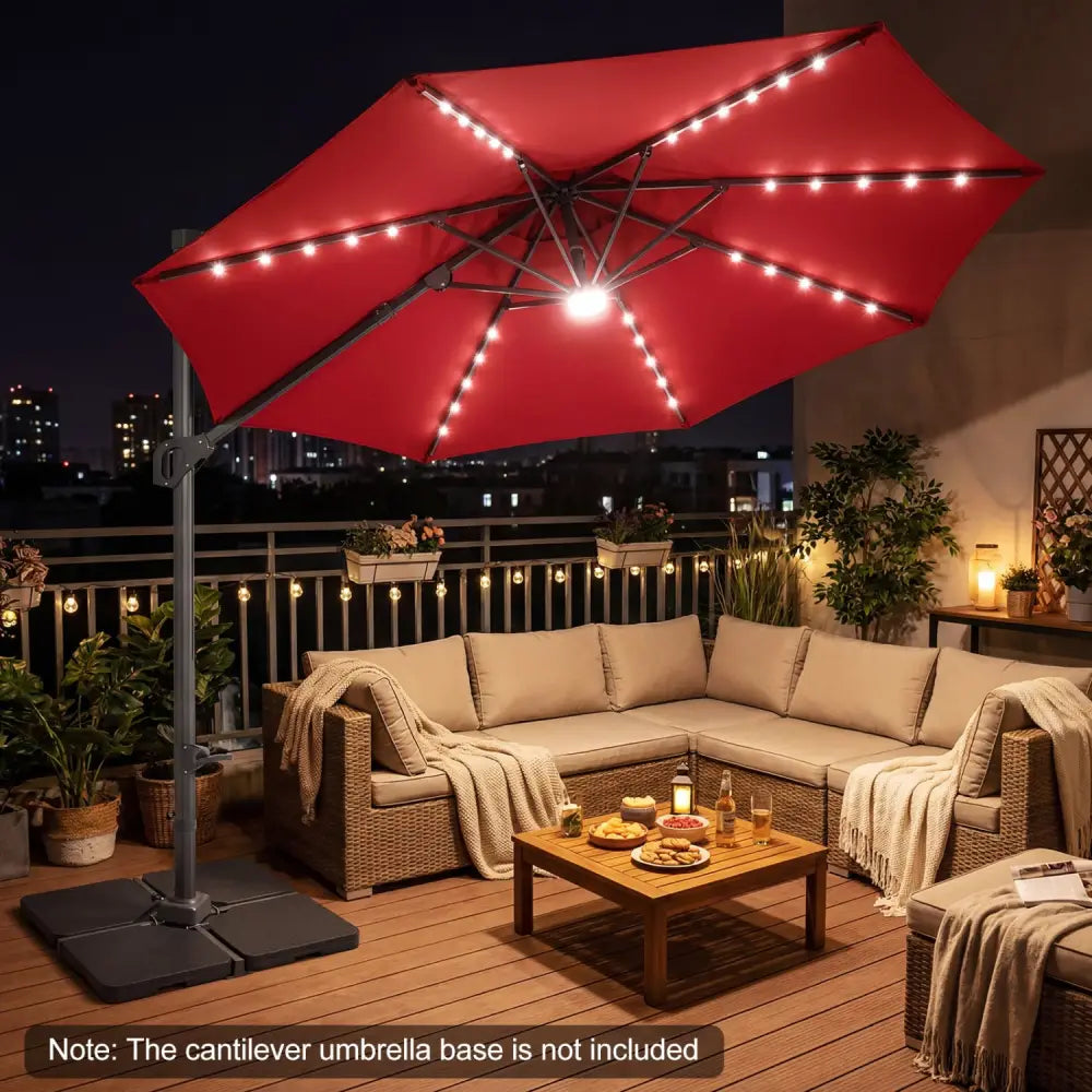 10 FT Cantilever Patio Umbrella with Solar LED Lights 360° Rotation-Wine - Wine - Outdoor Umbrellas