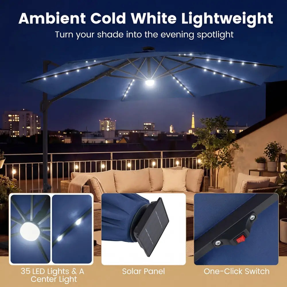 10 FT Cantilever Patio Umbrella with Solar LED Lights 360° Rotation-Navy - Navy - Outdoor Umbrellas