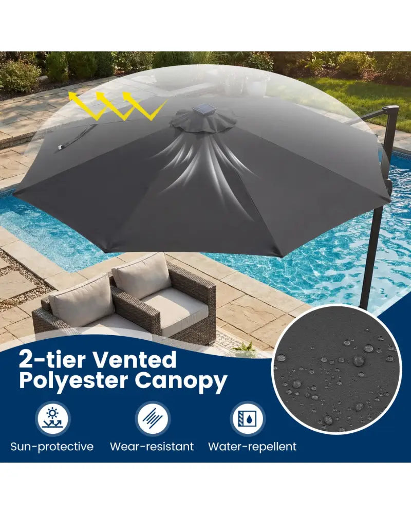10 FT Cantilever Patio Umbrella with Solar LED Lights 360° Rotation-Gray - Gray - Outdoor Umbrellas