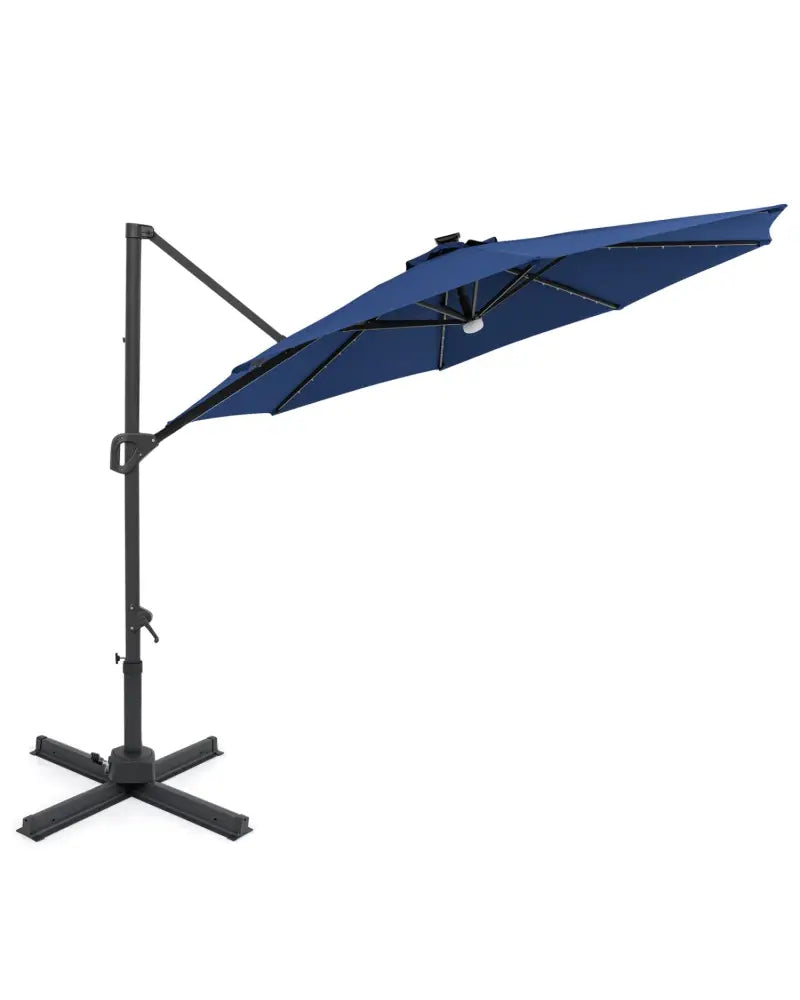 10 FT Cantilever Patio Umbrella with Solar LED Lights 360° Rotation-Navy - Navy - Outdoor Umbrellas