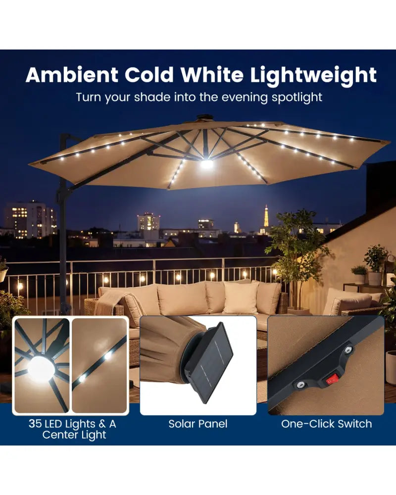 10 FT Cantilever Patio Umbrella with Solar LED Lights 360° Rotation-Brown - Brown - Outdoor Umbrellas