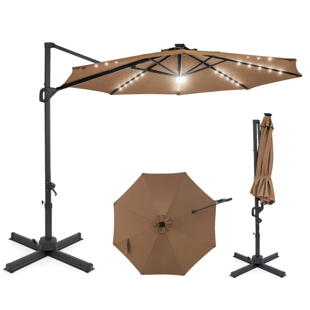 10 FT Cantilever Patio Umbrella with Solar LED Lights 360° Rotation-Brown - Brown - Outdoor Umbrellas