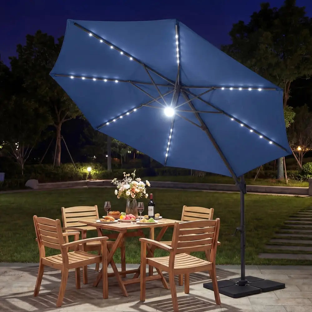 10 FT Cantilever Patio Umbrella with Solar LED Lights 360° Rotation-Navy - Navy - Outdoor Umbrellas