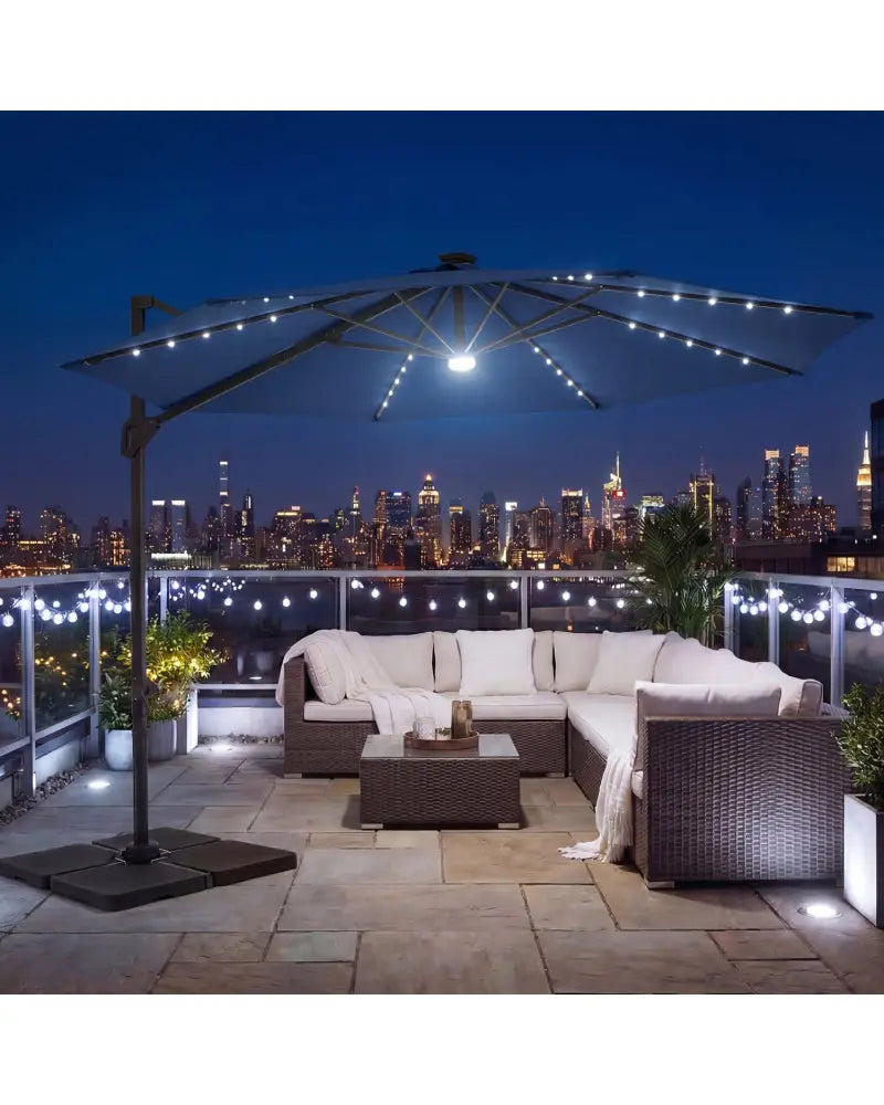 10 FT Cantilever Patio Umbrella with Solar LED Lights 360° Rotation-Navy - Navy - Outdoor Umbrellas