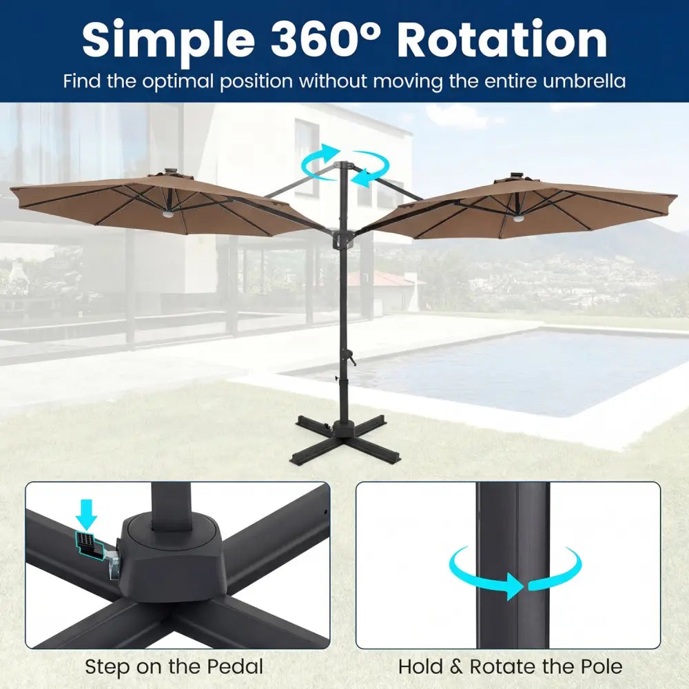 10 FT Cantilever Patio Umbrella with Solar LED Lights 360° Rotation-Brown - Brown - Outdoor Umbrellas