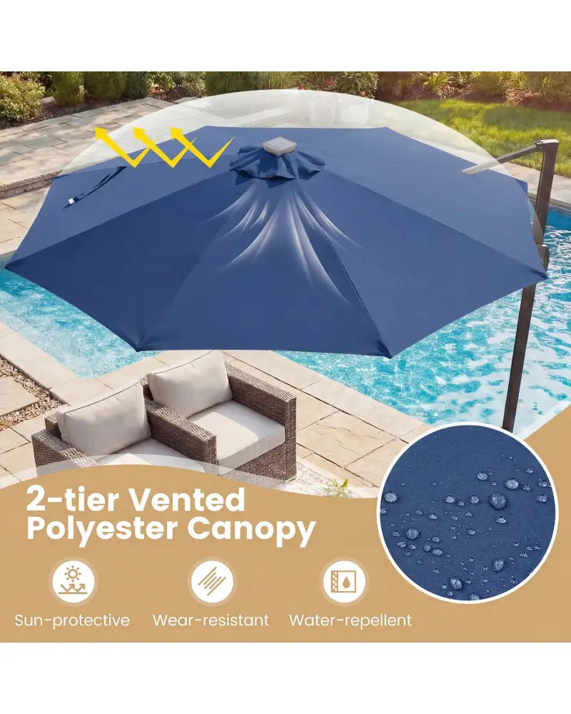 10 FT Cantilever Patio Umbrella with Solar LED Lights 360° Rotation-Navy - Navy - Outdoor Umbrellas