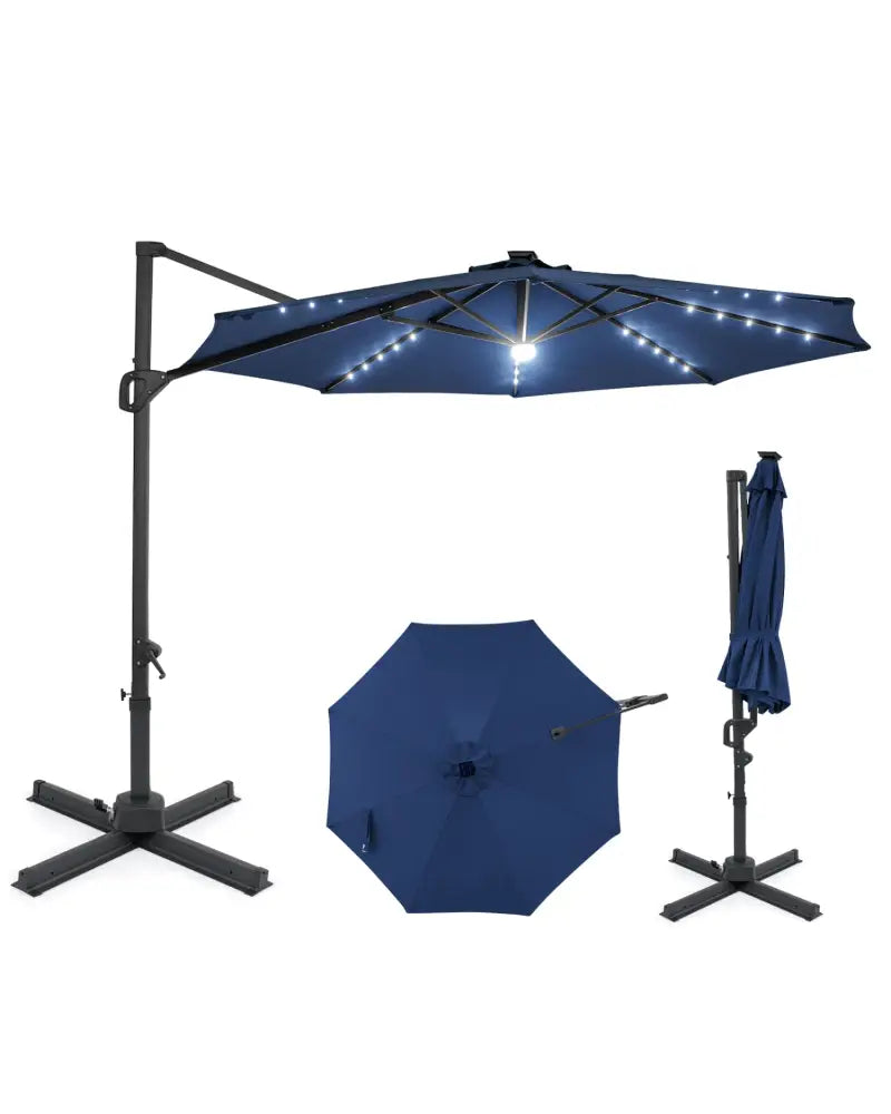 10 FT Cantilever Patio Umbrella with Solar LED Lights 360° Rotation-Navy - Navy - Outdoor Umbrellas
