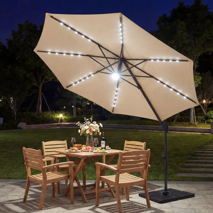 10 FT Cantilever Patio Umbrella with Solar LED Lights 360° Rotation-Beige - Beige - Outdoor Umbrellas