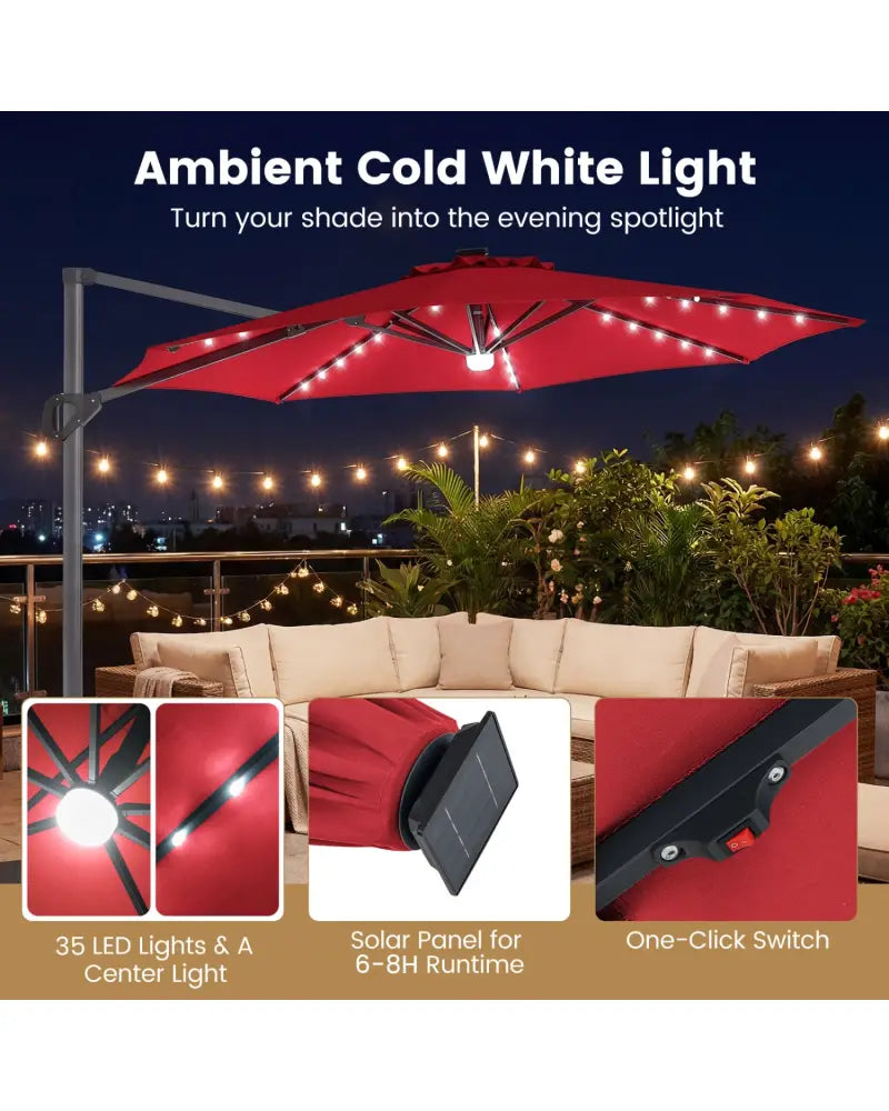10 FT Cantilever Patio Umbrella with Solar LED Lights 360° Rotation-Wine - Wine - Outdoor Umbrellas