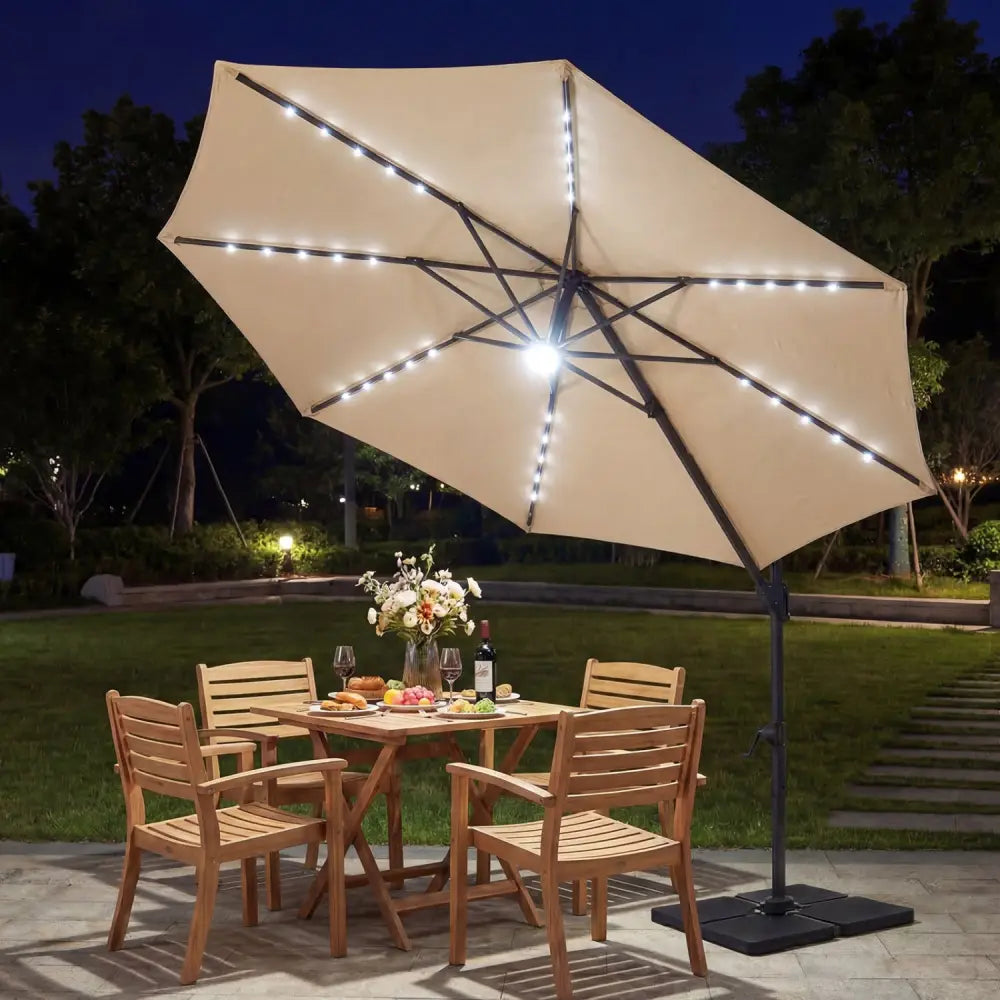 10 FT Cantilever Patio Umbrella with Solar LED Lights 360° Rotation-Beige - Beige - Outdoor Umbrellas
