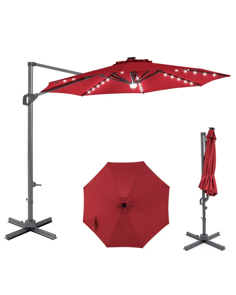 10 FT Cantilever Patio Umbrella with Solar LED Lights 360° Rotation-Wine - Wine - Outdoor Umbrellas