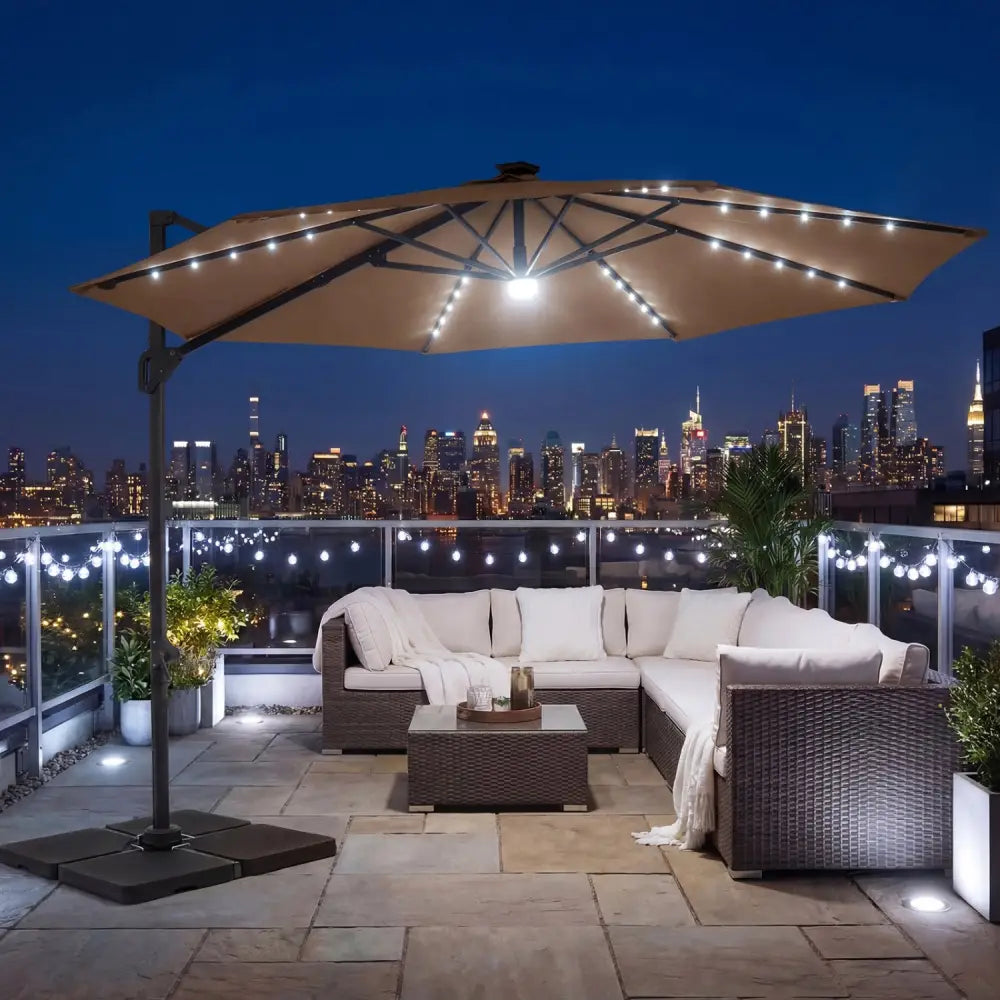 10 FT Cantilever Patio Umbrella with Solar LED Lights 360° Rotation-Brown - Brown - Outdoor Umbrellas